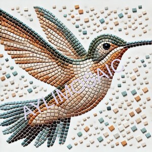 Könnte beinhalten: Ein Mosaik-Kolibri mit braunen, beigefarbenen und blauen Fliesen auf weißem Hintergrund. Der Kolibri ist im Flug mit ausgebreiteten Flügeln.