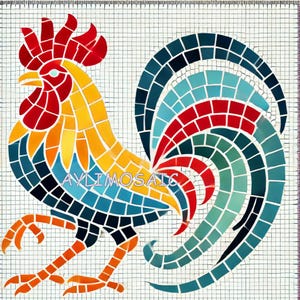 May include: A mosaic rooster design with a white background. The rooster features a red comb, yellow body, and blue and green tail feathers. The mosaic is made of small, square tiles. The text "AYLIMOSAIC" is visible.