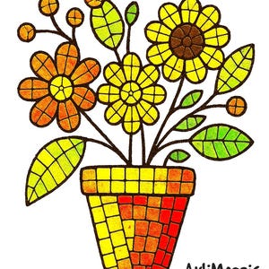 May include: A colorful mosaic flower arrangement in a yellow and orange pot. The flowers are yellow, orange, and brown with green leaves.