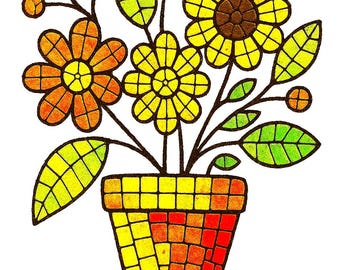 May include: A colorful mosaic flower arrangement in a yellow and orange pot. The flowers are yellow, orange, and brown with green leaves.