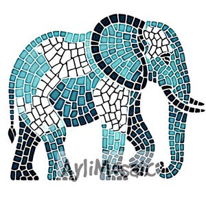 Puede incluir: Arte de mosaico de un elefante en tonos azules y negros. El elefante está mirando hacia la derecha y tiene la trompa levantada. Las baldosas de mosaico están dispuestas en un patrón geométrico.