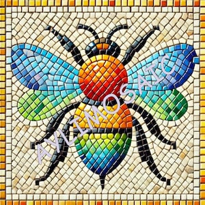 May include: A mosaic artwork depicting a bee, crafted from small, colourful tiles. The bee's body transitions from orange to yellow and blue, with black legs and antennae. The wings are blue and green. The mosaic is framed with a border of small, square tiles.