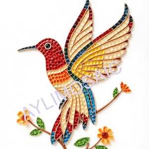 Może przedstawiać: Kolorowy koliber z mozaiki z czerwonych, pomarańczowych, żółtych, niebieskich i zielonych szklanych płytek, siedzący na gałęzi z dwoma małymi pomarańczowymi kwiatami.