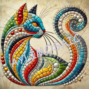 Può includere: Un gatto di mosaico colorato con una coda arricciata. Il gatto è fatto di piccole tessere colorate e ha un corpo blu, occhi gialli e uno sfondo bianco.
