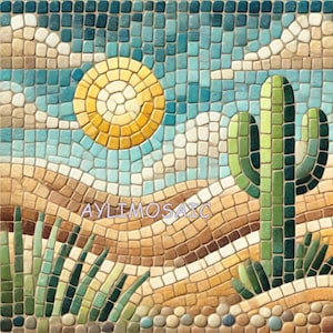 May include: A mosaic tile artwork depicting a desert scene with a yellow sun, blue sky, green cactus, and brown sand. The text "AYLIMOSAIC" is visible in the lower centre of the image.
