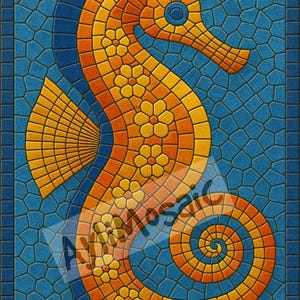 May include: A mosaic seahorse design in shades of orange, yellow, and blue. The seahorse is decorated with flower accents and set against a blue background with a mosaic tile pattern. The image has the text "A Mosaic".