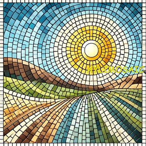 May include: A mosaic artwork depicting a landscape with a bright yellow sun in a blue sky. The mosaic uses various colors, including brown, green, and blue, to create a stylized scene of rolling hills and fields. The text "AYLIMOSAIC" is visible.