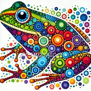 May include: A colourful mosaic frog against a white background. The frog is made up of many different coloured circles, including red, orange, yellow, green, blue, and purple.