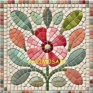 May include: A mosaic tile artwork with a floral design. The flower has red and pink petals, green and orange leaves, and a border of small, colourful tiles. The text "AYLIMOSAIC" is visible across the image.