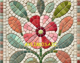 May include: A mosaic tile artwork featuring a central flower design with red and pink petals, surrounded by green and orange leaves. The mosaic is framed with a border of small, colorful tiles. The text "AYLIMOSAIC" is visible.