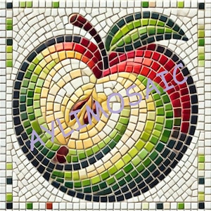 以下が含まれることがあります： 緑の葉と赤、黄、緑のタイルでできたモザイクのリンゴ。リンゴは小さな正方形のタイルでできています。