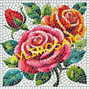 May include: A mosaic artwork featuring three roses, one pink, one yellow, and one red, with green leaves. The word "AVLIMOSAIC" is written in yellow letters across the center of the image.