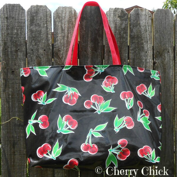 Cherries Market Oilcloth Tote Bag - Cherry - Oilcloth Bag - Market Bag - Waterproof - Large Shopping Bag - Beach Bag - Yoga Bag - Black