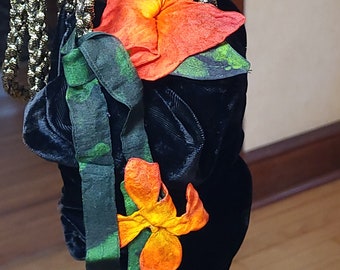 ART Deco Black Velvet Squash Pouch Bag with Bright Silk Flowers