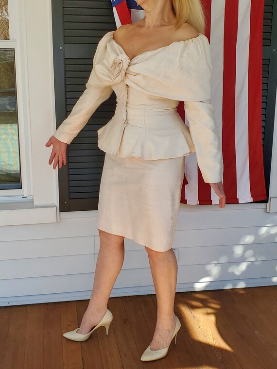 Vintage Cream Raw Silk 80s Bridal Suit - image 1