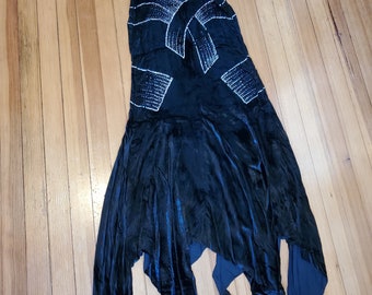 1920s Antique Hankerchief  Black Velvet Flapper Dress