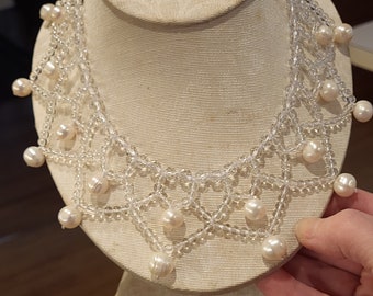 Gorgeous Vintage Wedding 10mm Pearl and Faceted Crystal Bib Collar Necklace