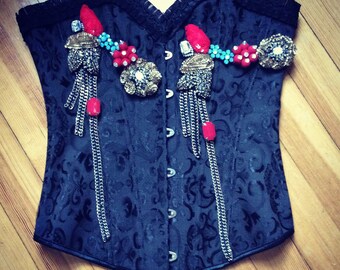 Upcycled Black Bustier Jeweled and Chained,walking Art,Photo Shoot