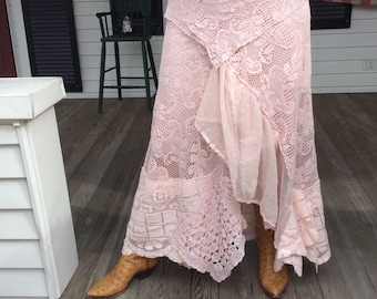 Bohemian Blush Pink Long Lace Skirt by Arlettemichelle