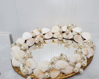 White Shell and Pearl Vanity Tray/ Shell and Pearl wall Mirror