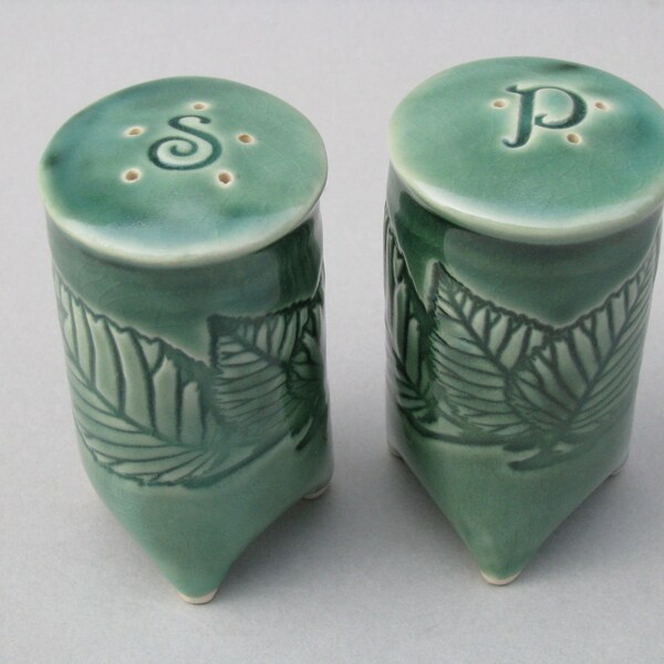 Handmade Textured Salt and Pepper Shakers in Green