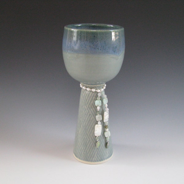 Miriam’s Cup Passover Seder / Kiddish Cup / Goblet in Blue and Celedon Green with “Necklace”