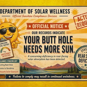 May include: A vintage-style poster titled Department of Solar Wellness featuring a smiling sun wearing sunglasses, holding a clipboard with a sunshine level report. The text reads: Your butt hole needs more sun, with a certified rear solar deficient seal.