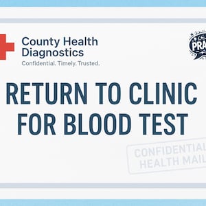 May include: A white card with blue borders and text that reads "RETURN TO CLINIC FOR BLOOD TEST." The County Health Diagnostics logo is in the upper left corner, and a "PRANK!" speech bubble is in the upper right.