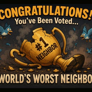 Peut inclure: Une illustration graphique montrant un trophée doré brisé avec l'inscription #1 NEIGHBOR, entouré d'oiseaux bleus et de fumée. Le texte indique CONGRATULATIONS! You've Been Voted... et WORLD'S WORST NEIGHBOR, avec des globes dans les coins.