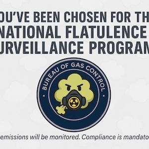 Peut inclure: Graphique humoristique avec le texte "YOU'VE BEEN CHOSEN FOR THE NATIONAL FLATULENCE SURVEILLANCE PROGRAM." Il présente un emblème circulaire avec un nuage de dessin animé portant un masque à gaz. Le texte "BUREAU OF GAS CONTROL" entoure l'emblème. En dessous, il est écrit "Vos émissions seront surveillées. La conformité est obligatoire."