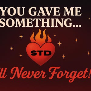 May include: A dark red graphic with the text "YOU GAVE ME SOMETHING... I'LL NEVER FORGET!" and a flaming heart with "STD" inside. Gold stars and a pair of red lips complete the design.