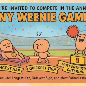Pode incluir: Um cartaz humorístico anuncia os "Tiny Weenie Games!" com personagens de desenhos animados competindo em eventos como "Longest Nap" e "Quickest Sigh". O fundo mostra um estádio com confetes, e o texto é laranja e azul.