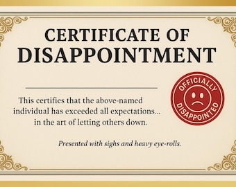 Funny Certificate of Disappointment Prank Postcard: Anonymous Gag Gift