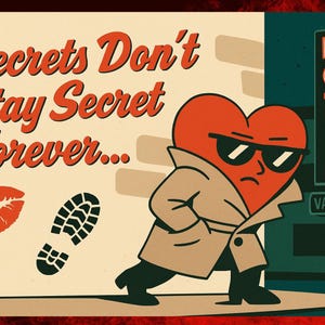 Op de afbeelding: Een retro-stijl illustratie toont een hartvormig figuur in een trenchcoat en zonnebril, met de tekst "Secrets Don't Stay Secret Forever...". Een rode lipafdruk, een voetafdruk en een motelbord zijn ook inbegrepen.