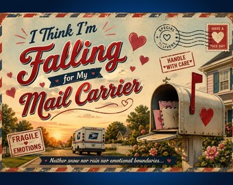 Think I’m Falling for My Mail Carrier Prank Postcard – Funny Awkward Mailman Joke – Anonymous Mailbox Humor – Retro Style Gag Card