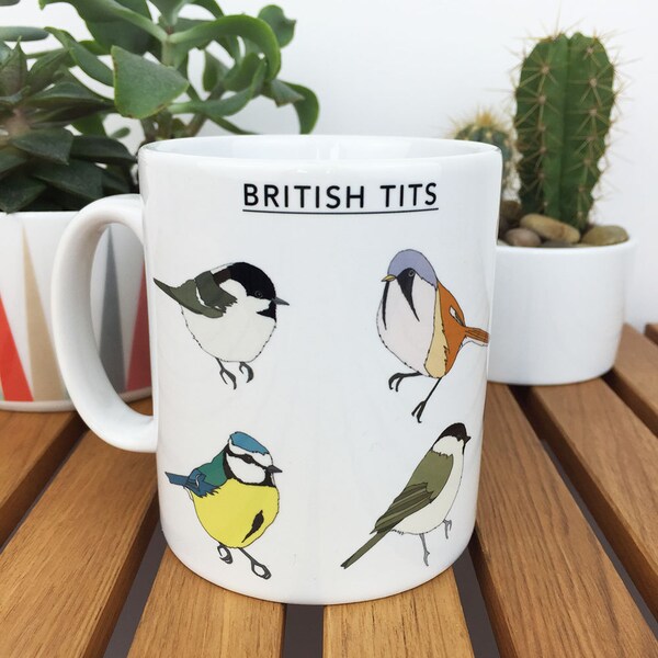 British Tits mug - illustrated bird home gift - wildlife / nature printed mug