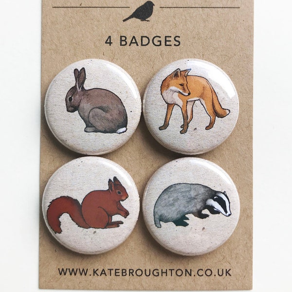 woodland animal badges (set of four: fox, rabbit, badger, squirrel)