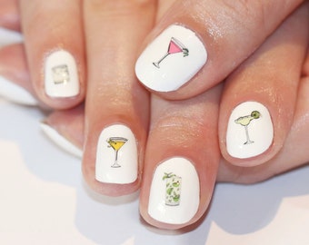 cocktail nail transfers - illustrated nail art stickers - party cocktail nail decals - martini , mojito , cosmopolitan , margarita