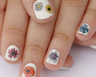 wild flower nail transfers - illustrated floral nail art stickers - flower decals