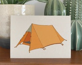 Tent card (no.1) - triangle orange tent / camping / holiday / vacation / adventure / travel themed card - recycled / eco friendly