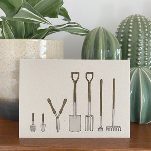 Garden tools card illustrated card for gardener recycled / eco friendly blank card gardening spade / fork / trowel card image 1