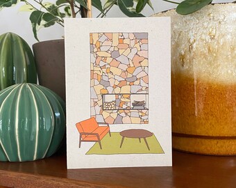 Retro homes fireplace card, mid century vintage furniture, illustrated recycled eco friendly card