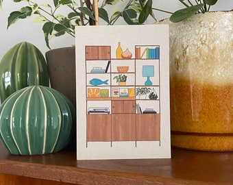 Retro homes shelves card, mid century teak vintage furniture, illustrated recycled eco friendly card