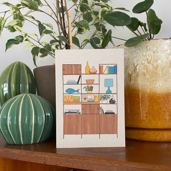Retro homes shelves card, mid century teak vintage furniture, illustrated recycled eco friendly card