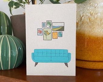 Retro homes sofa card, mid century vintage furniture, illustrated recycled eco friendly card
