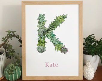 Succulent initial print, personalised print, botanical letter print, new baby wall art, name plant print, baby gift, nursery