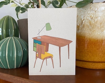 Retro homes desk card, mid century vintage furniture, illustrated recycled eco friendly card