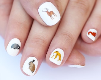 woodland nail transfers - illustrated animal nail art decals - squirrel , fox , rabbit , badger , deer , dormouse - wildlife nail stickers