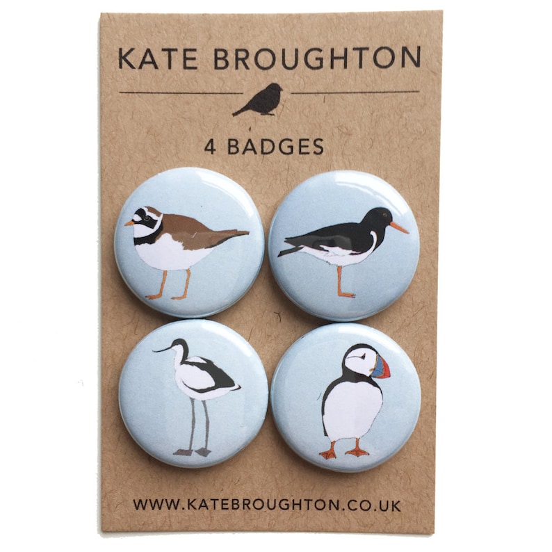 coastal bird badges / pins / bird pinback buttons set of four puffin , avocet , oystercatcher , ringed plover seabirds , uk bird gift image 1