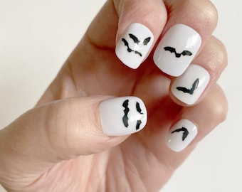 black bat nail transfers - halloween illustrated nail art decals - scary nail art stickers - halloween costume nails